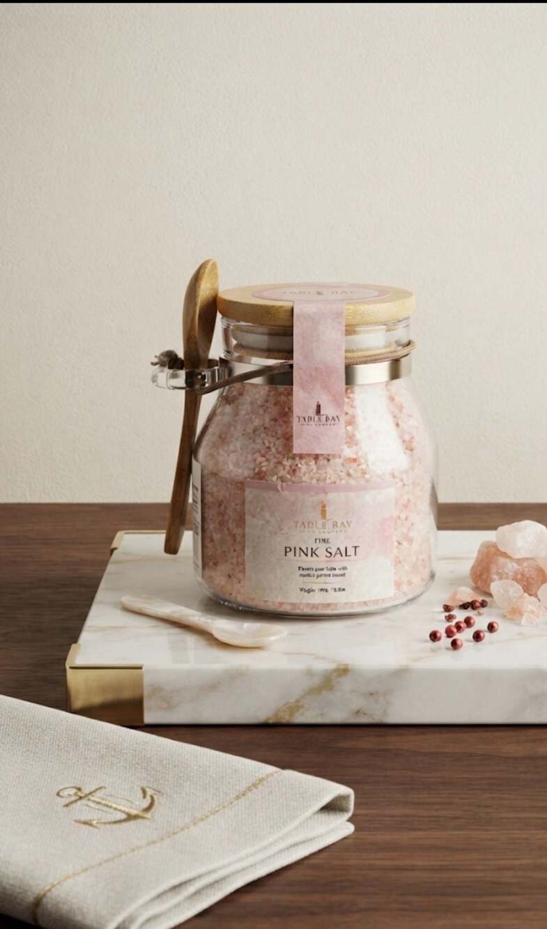 Table Bay Spice Company Fine Pink Salt in Glass Jar with Wooden Spoon